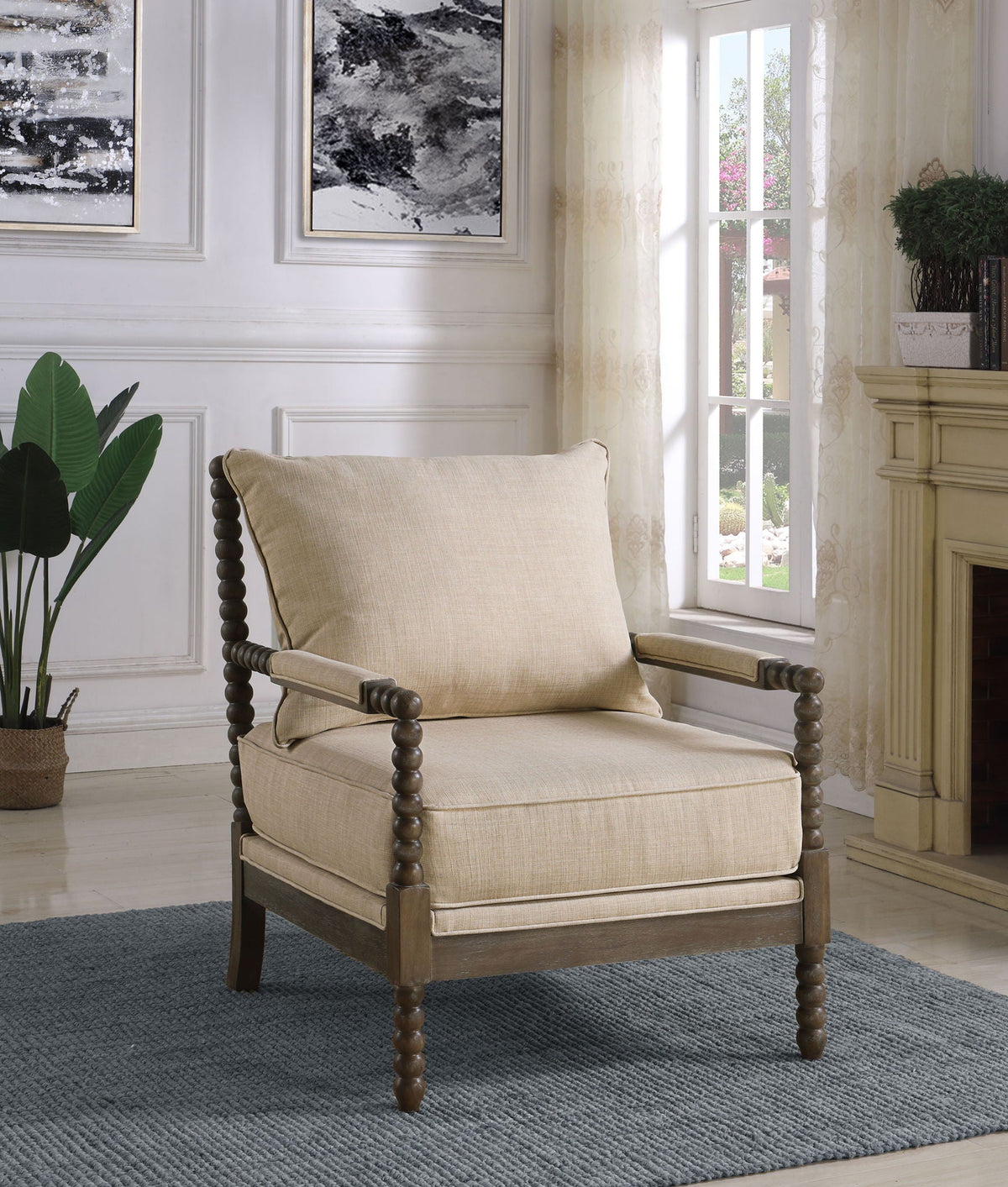 Blanchett Upholstered Bobbin Accent Chair Beige and Distressed Brown Unique Piece Furniture