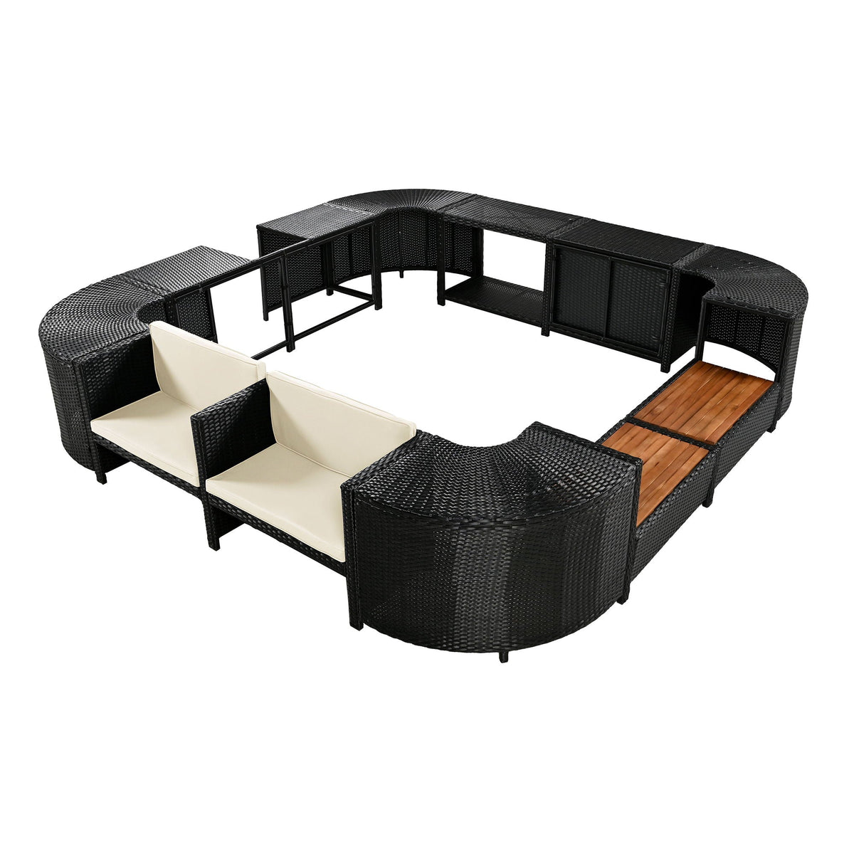 Spa Surround Spa Frame Quadrilateral Outdoor Rattan Sectional Sofa Set With Mini Sofa, Wooden Seats And Storage Spaces Unique Piece Furniture