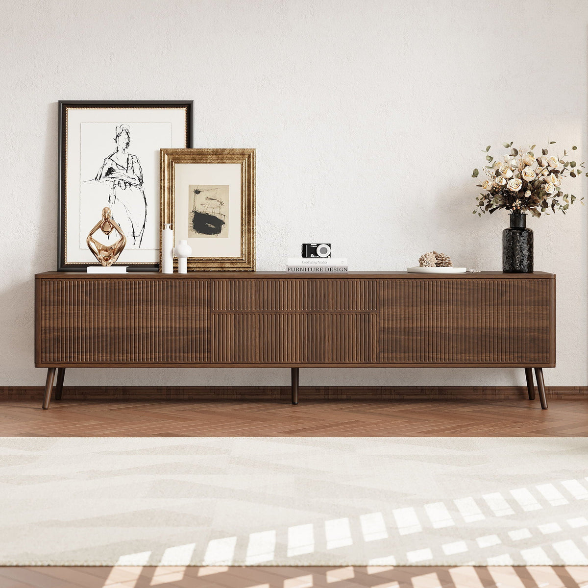 Fluted TV Stand With Storage Drawers And Cabinets For TVs Up To 80", Soft-Close Hinges, Cable Management - Walnut Unique Piece Furniture