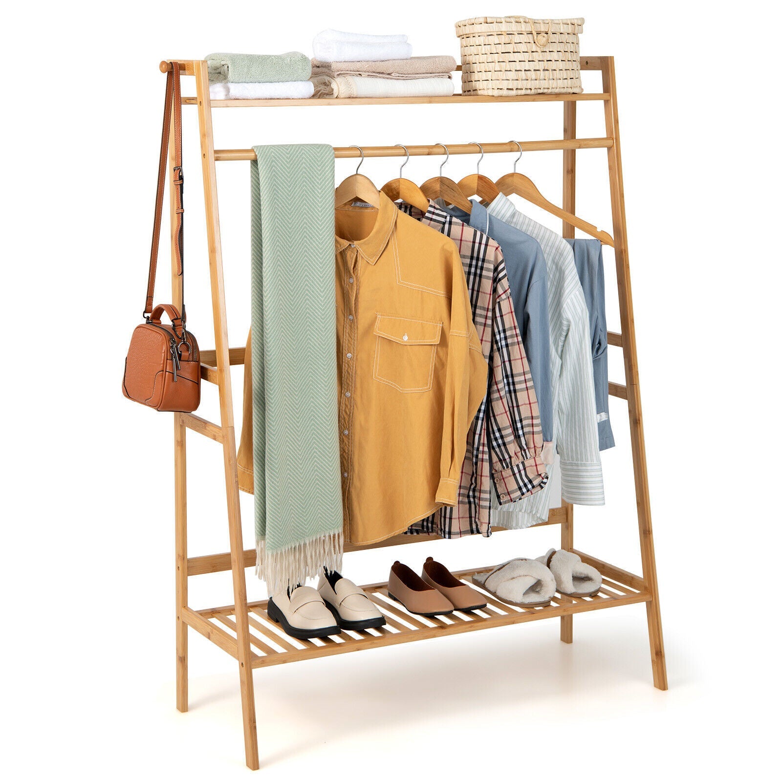 Bamboo Clothing Rack with Storage Shelves-Natural DirectDeals