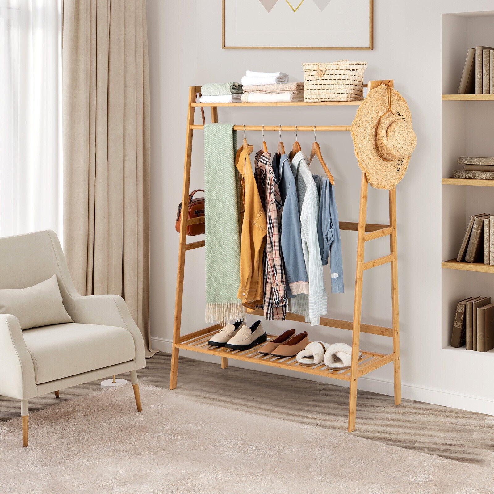 Bamboo Clothing Rack with Storage Shelves-Natural DirectDeals