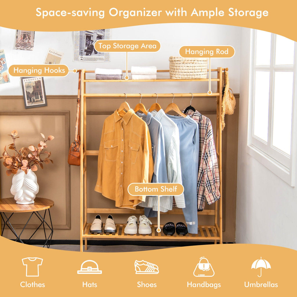 Bamboo Clothing Rack with Storage Shelves-Natural DirectDeals