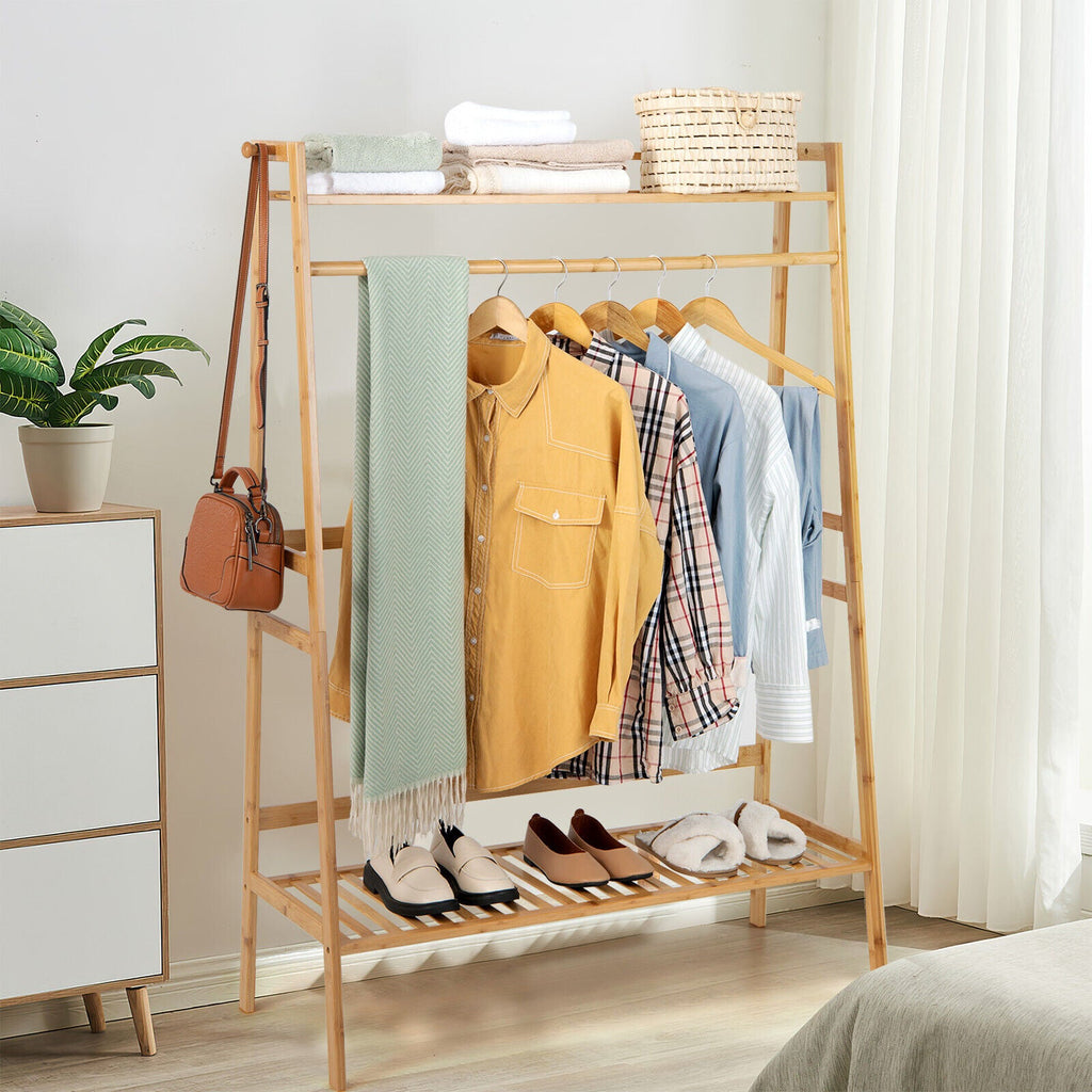Bamboo Clothing Rack with Storage Shelves-Natural DirectDeals