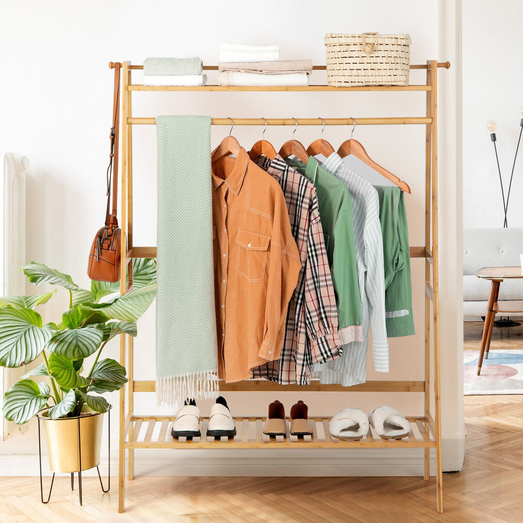 Bamboo Clothing Rack with Storage Shelves-Natural DirectDeals