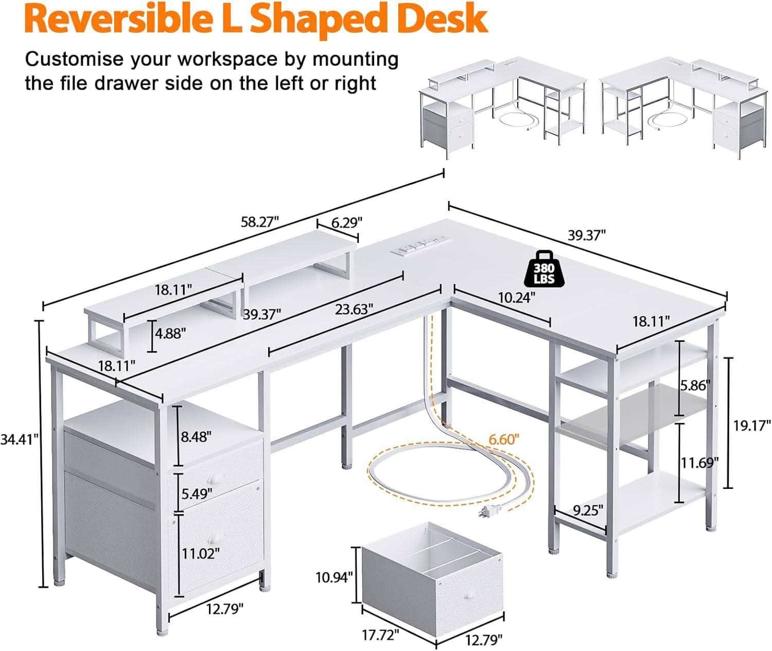 White Fifty Nine Inch L Shaped Desk With Power Outlets ShipItFurniture