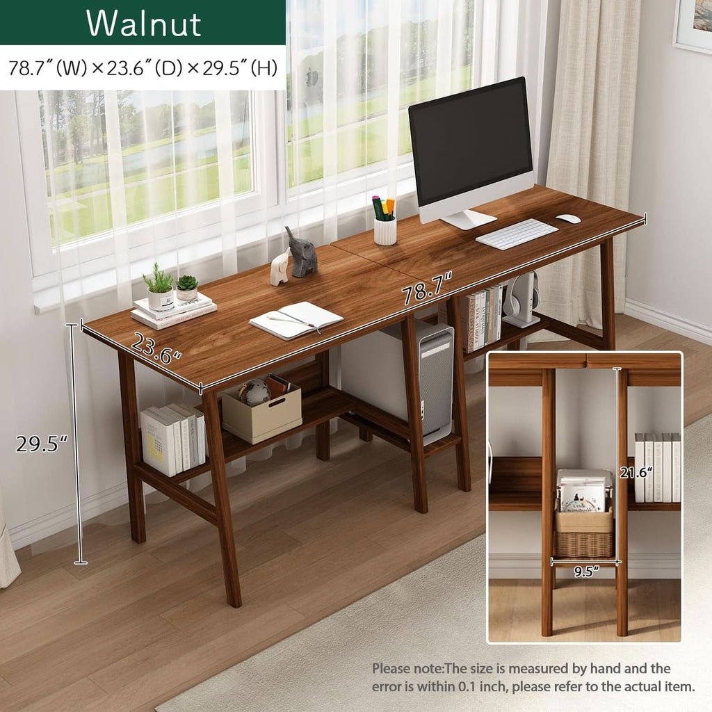 Two Person Desk Walnut 79 Inch Extended Workstation Shelves ShipItFurniture