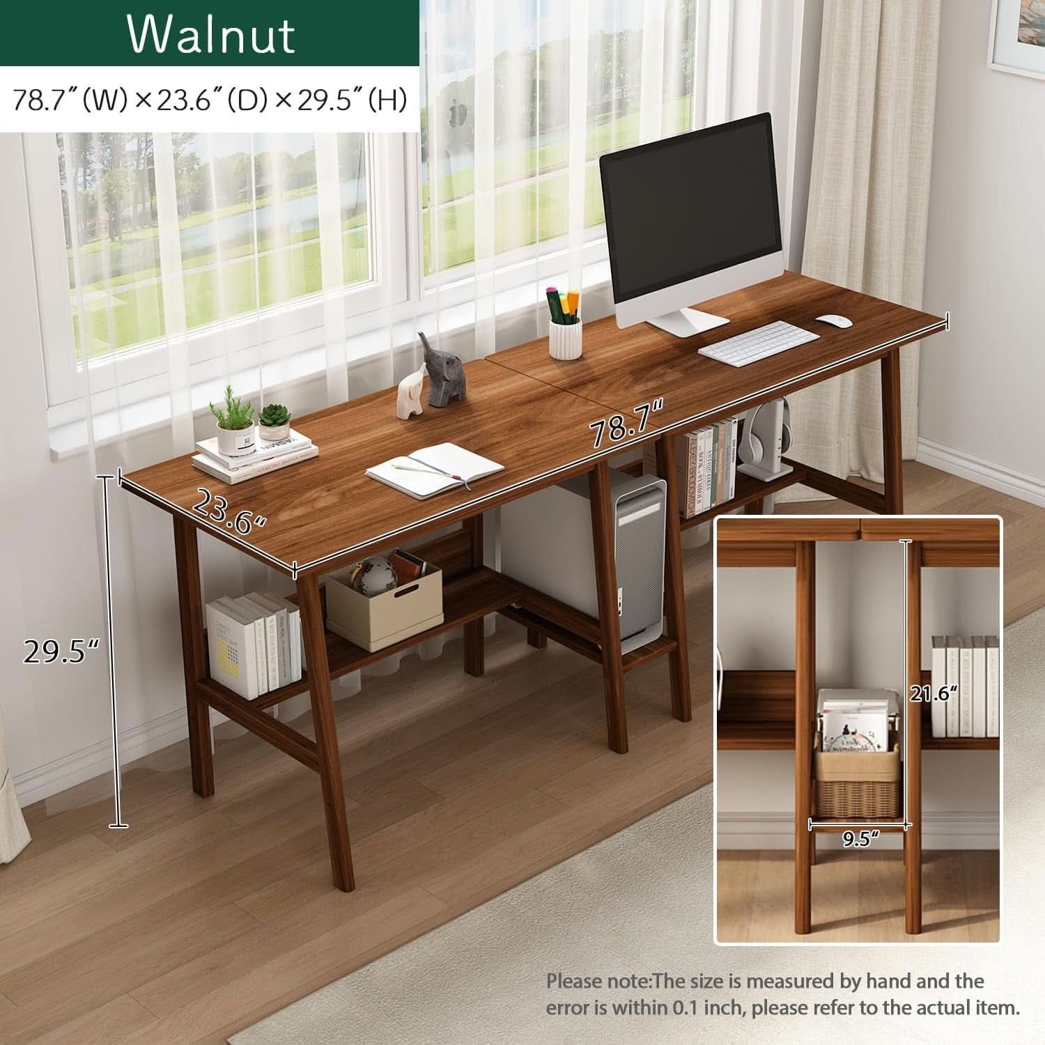 Two Person Desk Walnut 79 Inch Extended Workstation Shelves ShipItFurniture