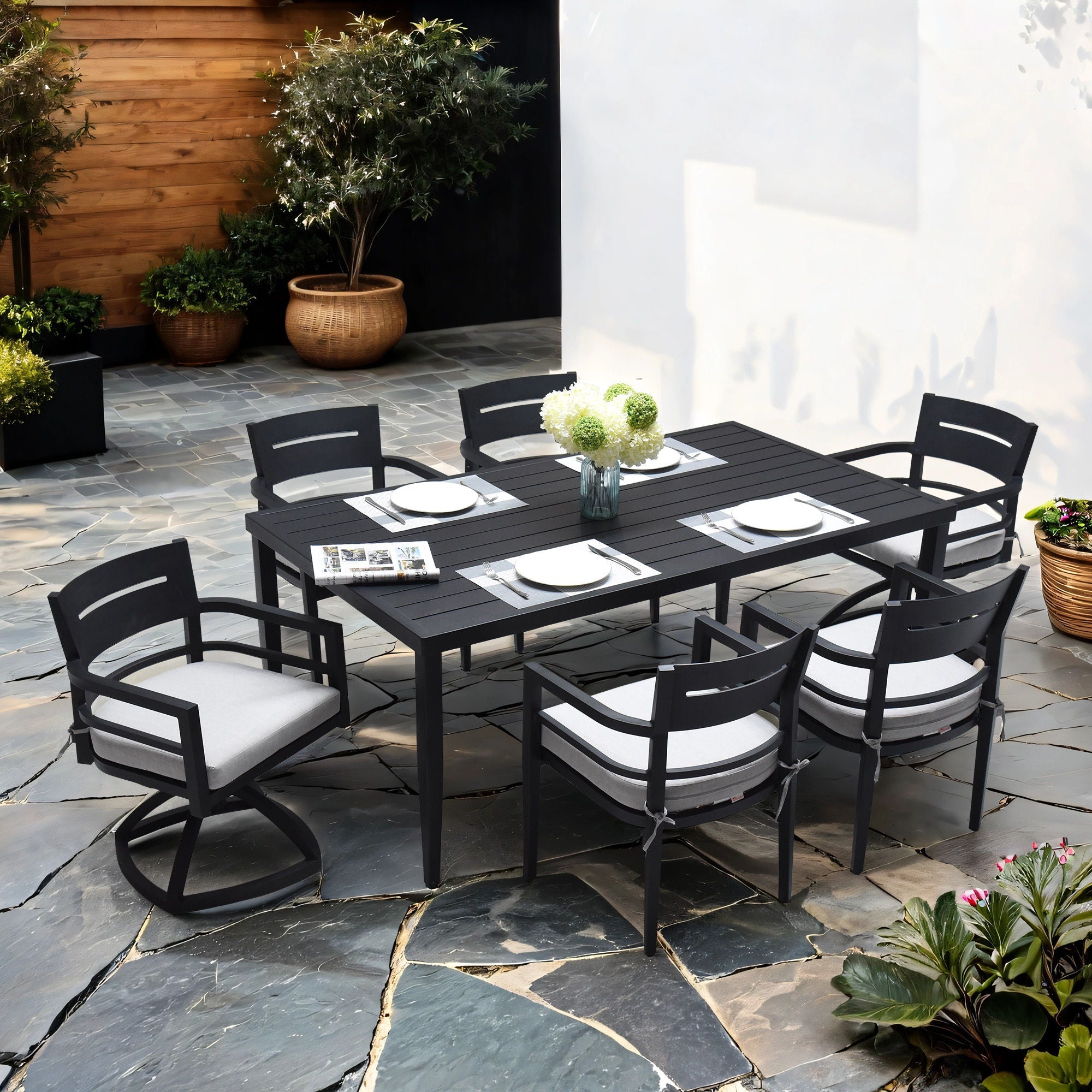 Outdoor Modern Dining Set, Chairs Sunbrella Cushioned And Dining Table With Umbrella Hole Unique Piece Furniture