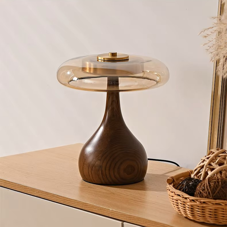 Modern Wooden & Glass Table Lamp | Minimalist Mushroom Desk Light VietmadeHomeArt