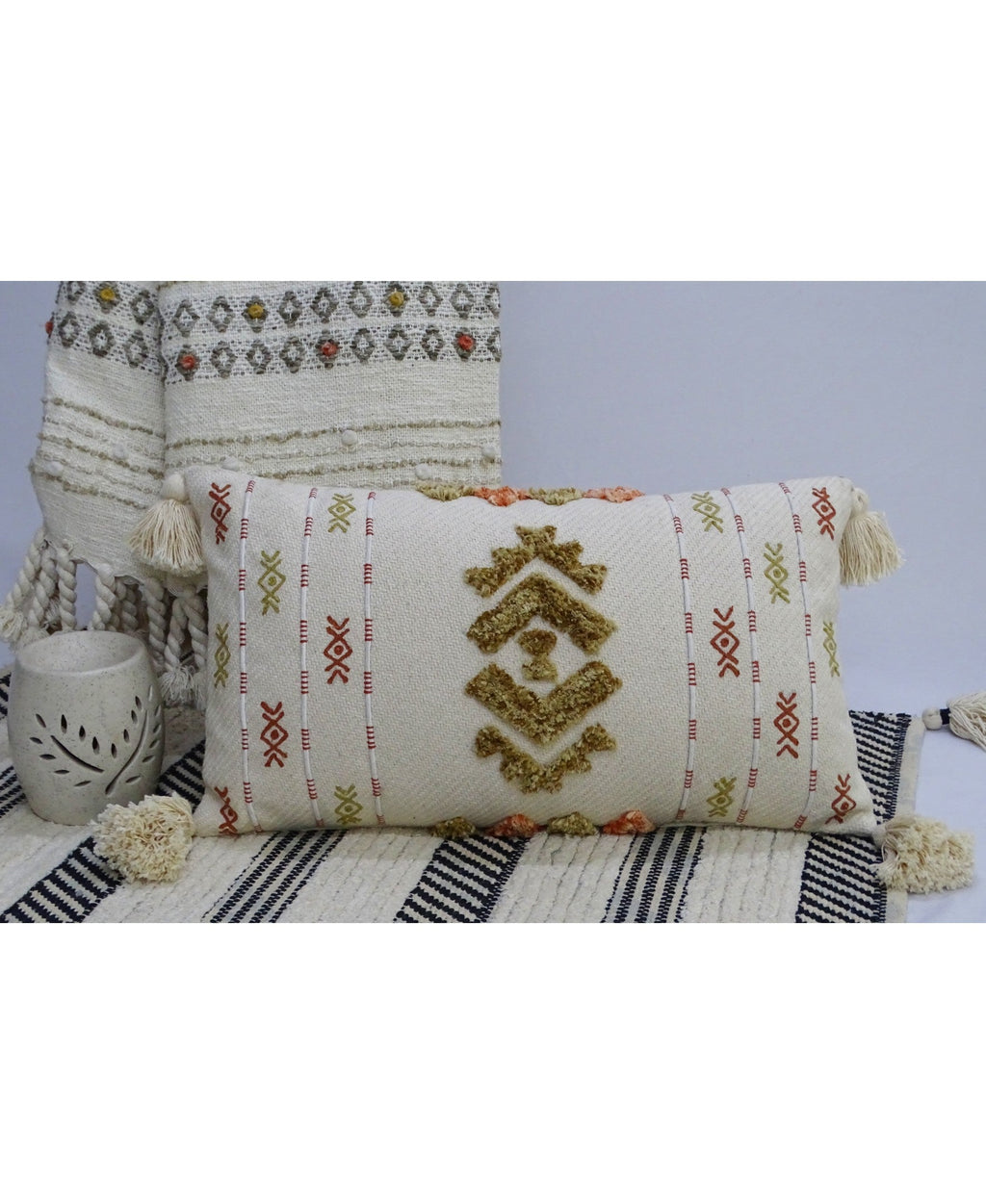 Embroidery Throw Pillow with Tassels 14" X 24" Vibhsa