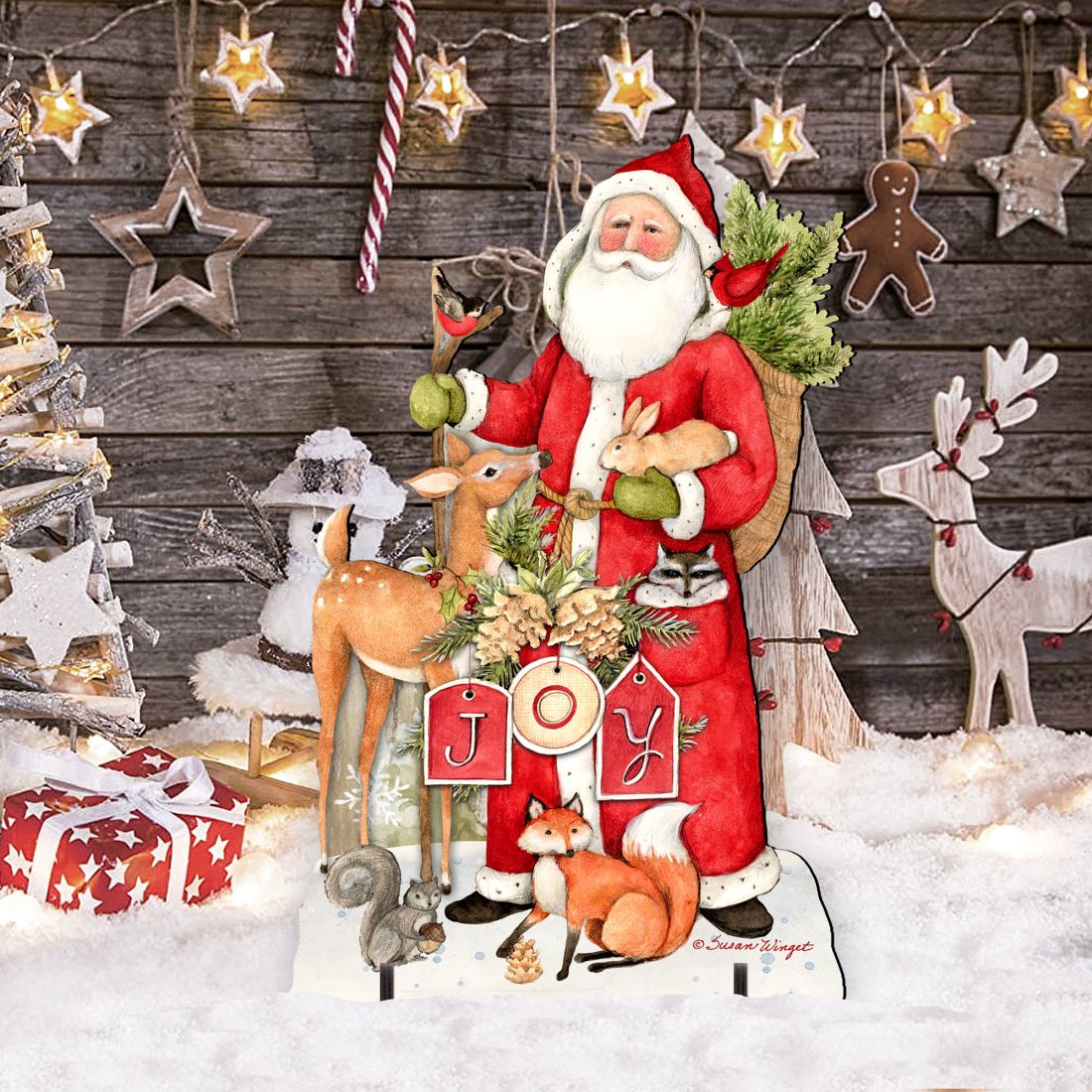 Woodland Frosty Santa Outdoor Christmas Scene by Susan Winget - Christmas Santa Snowman Decor - 8471105F-SW G.DeBrekht