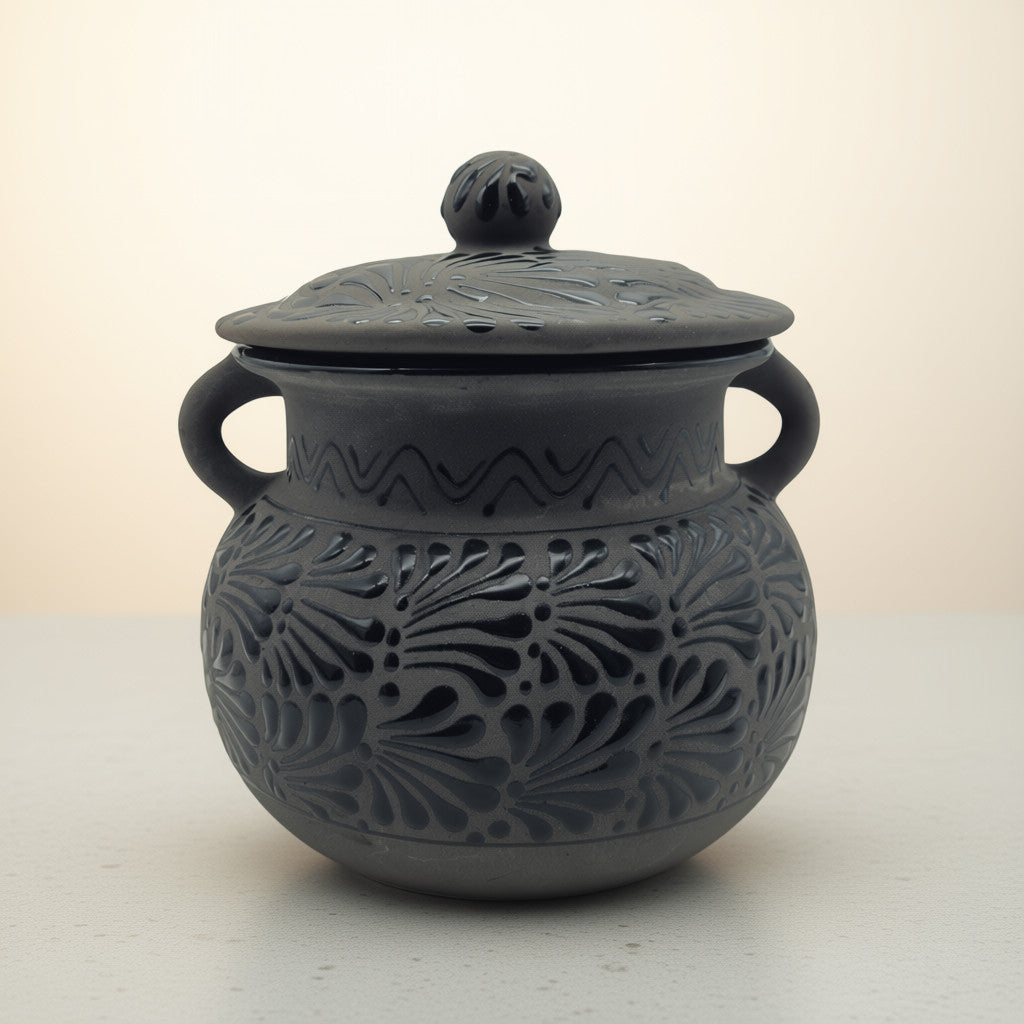 Black Talavera Bean Pot with Lid | Mexican Clay Frijolero The Talavera Hub