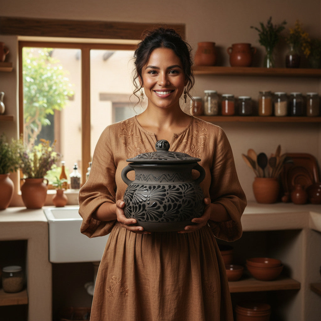 Black Talavera Bean Pot with Lid | Mexican Clay Frijolero The Talavera Hub