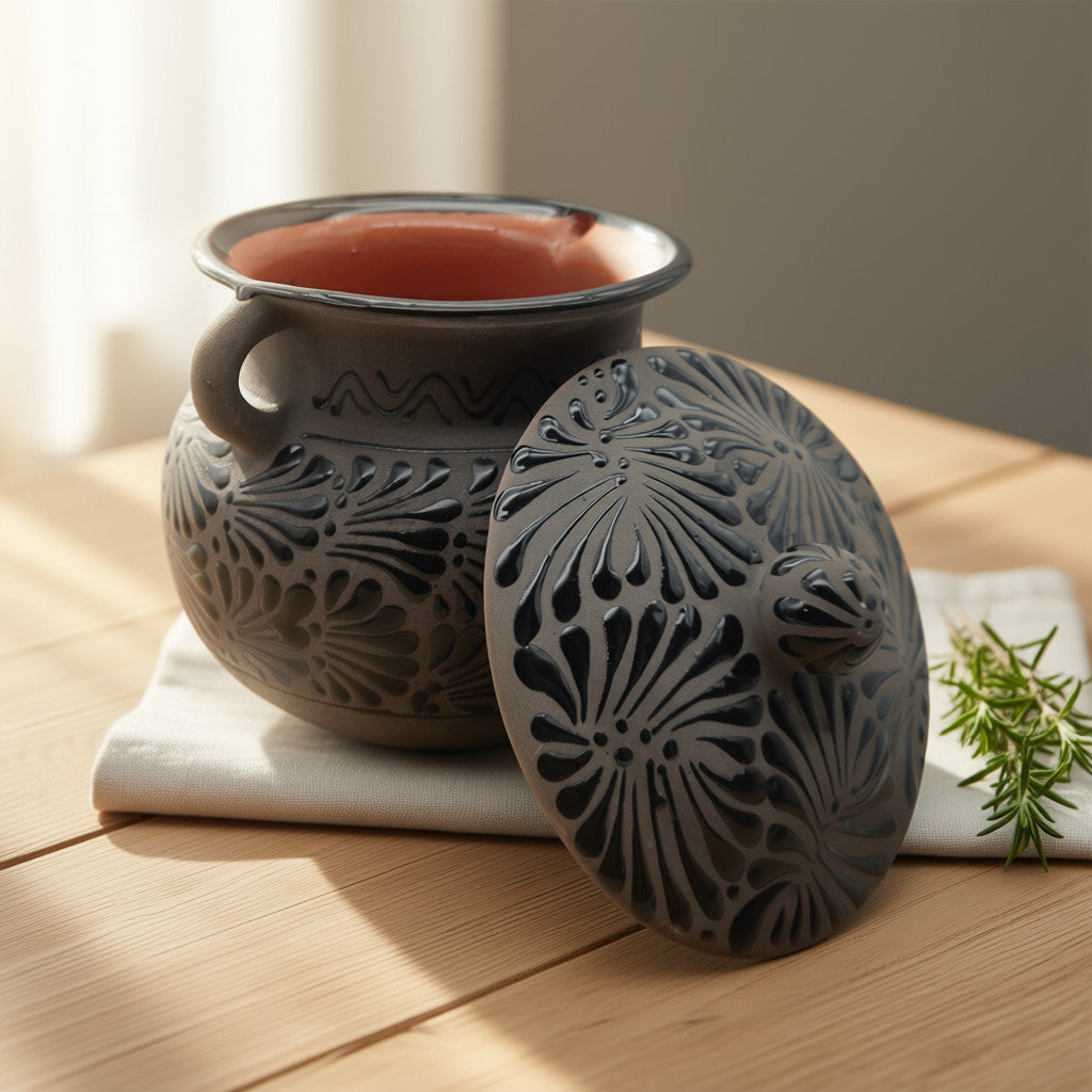 Black Talavera Bean Pot with Lid | Mexican Clay Frijolero The Talavera Hub