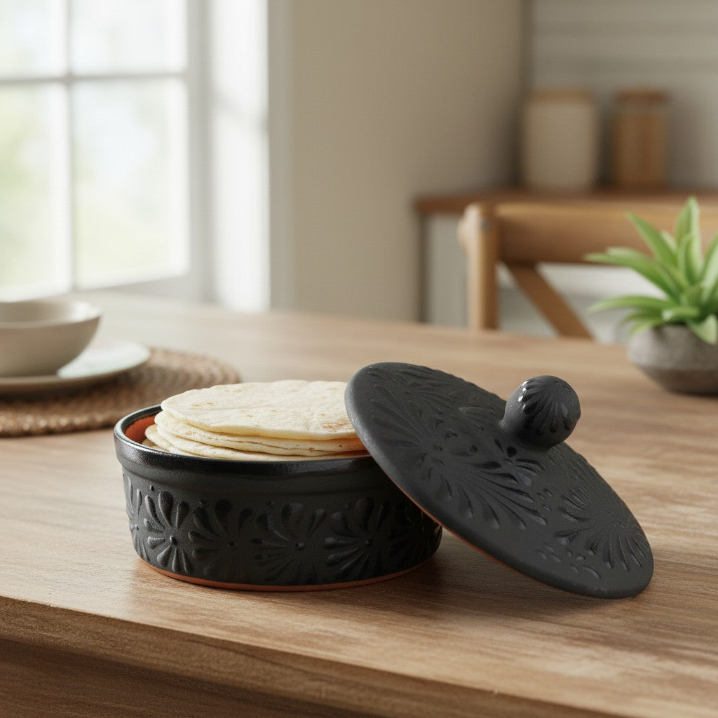Black Talavera Tortilla Keeper | Handmade Ceramic Warmer The Talavera Hub