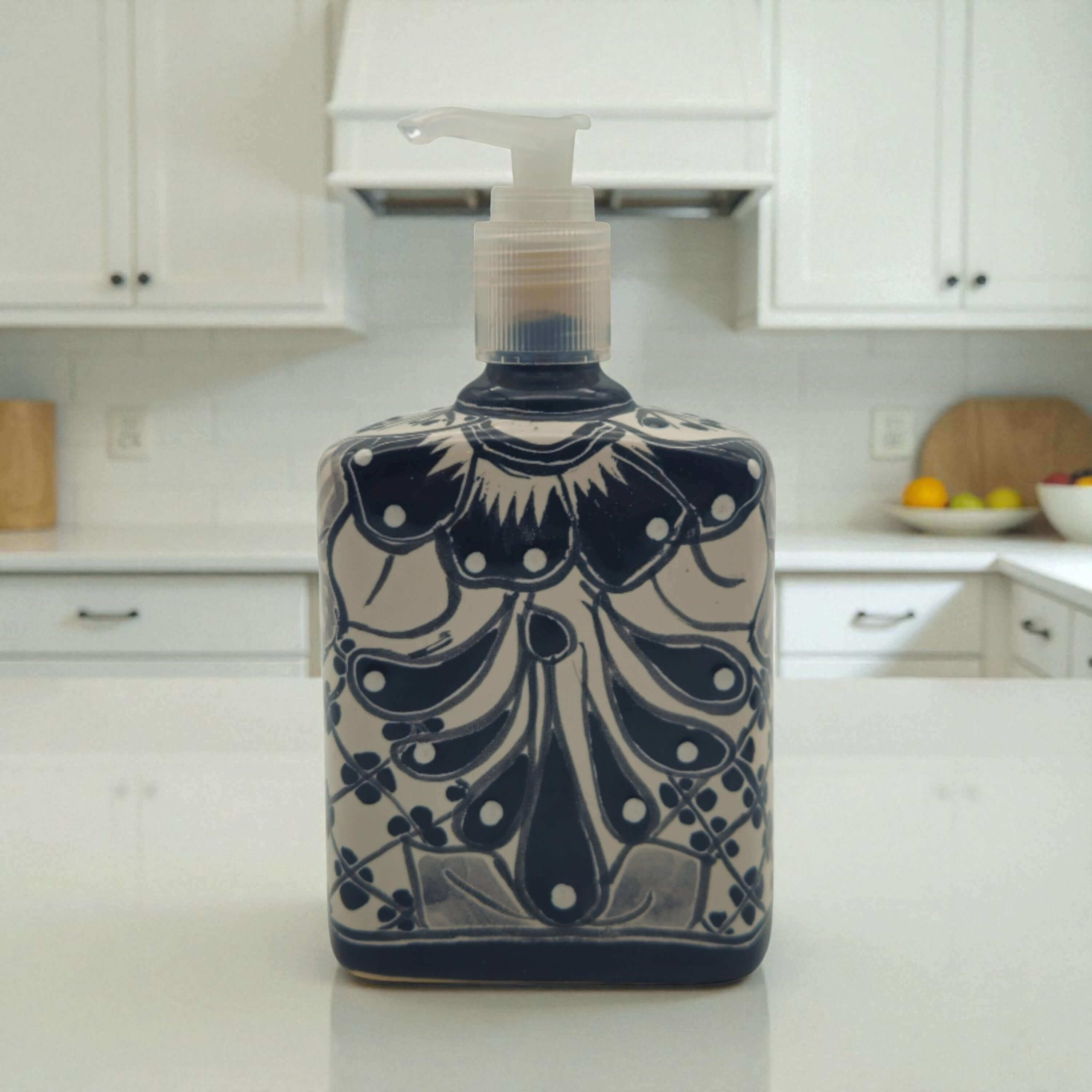 Black & White Talavera Soap Pump | Floral Ceramic Dispenser The Talavera Hub