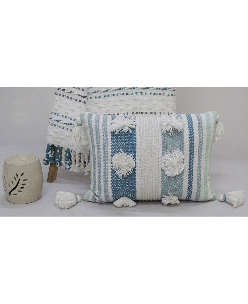 Accent Pillow with Large Poms and Corner Tassels 14" x 20" with Insert Vibhsa