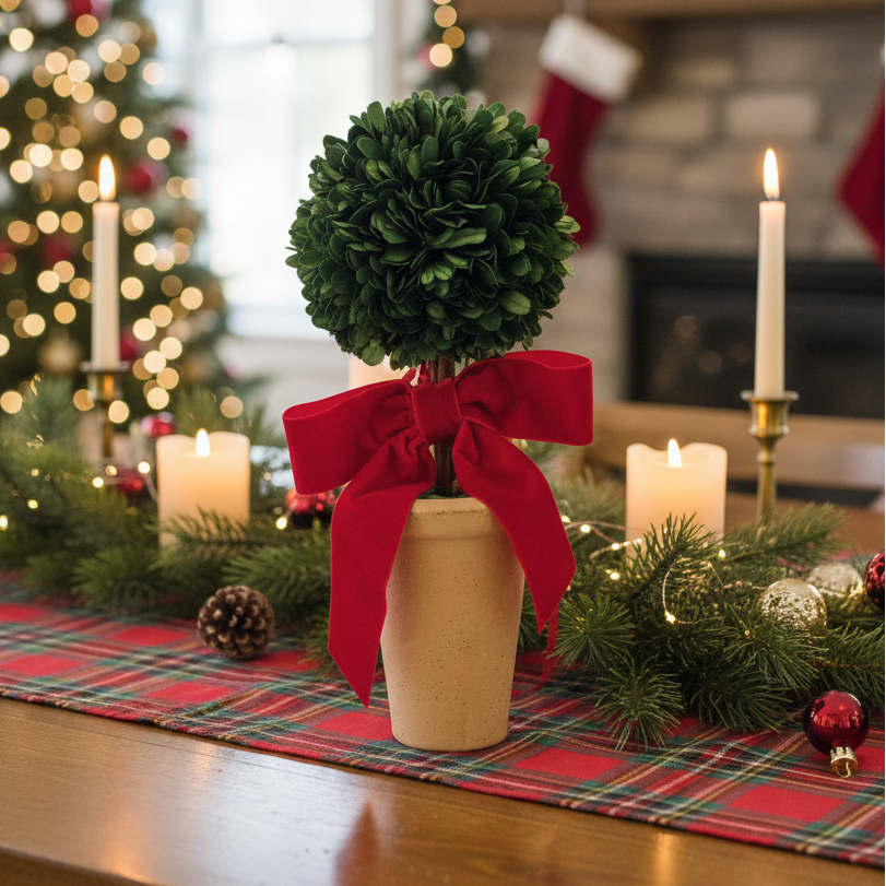 Dried Boxwood Tree with Red Bow in Terracotta Pot Branches Designs