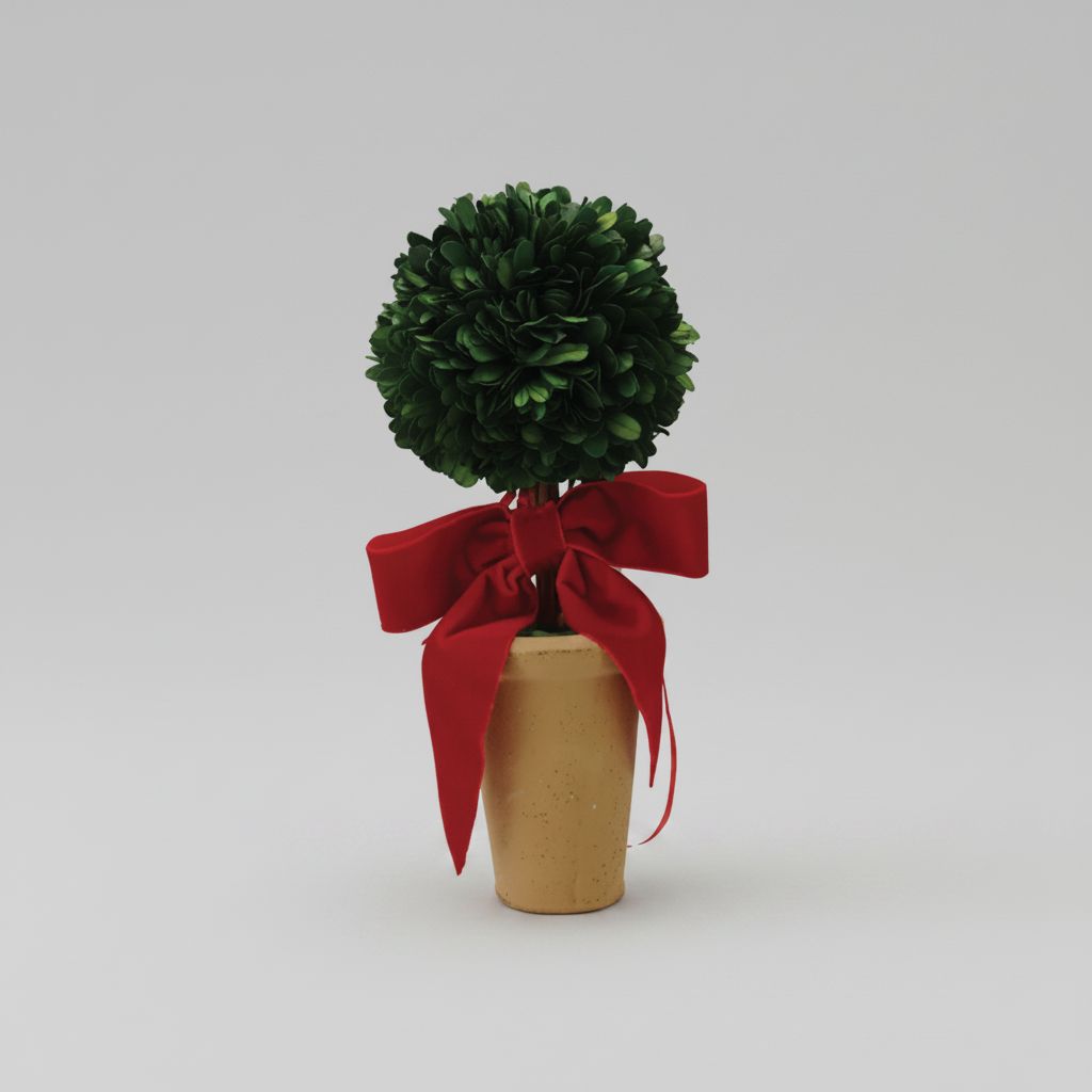 Dried Boxwood Tree with Red Bow in Terracotta Pot Branches Designs