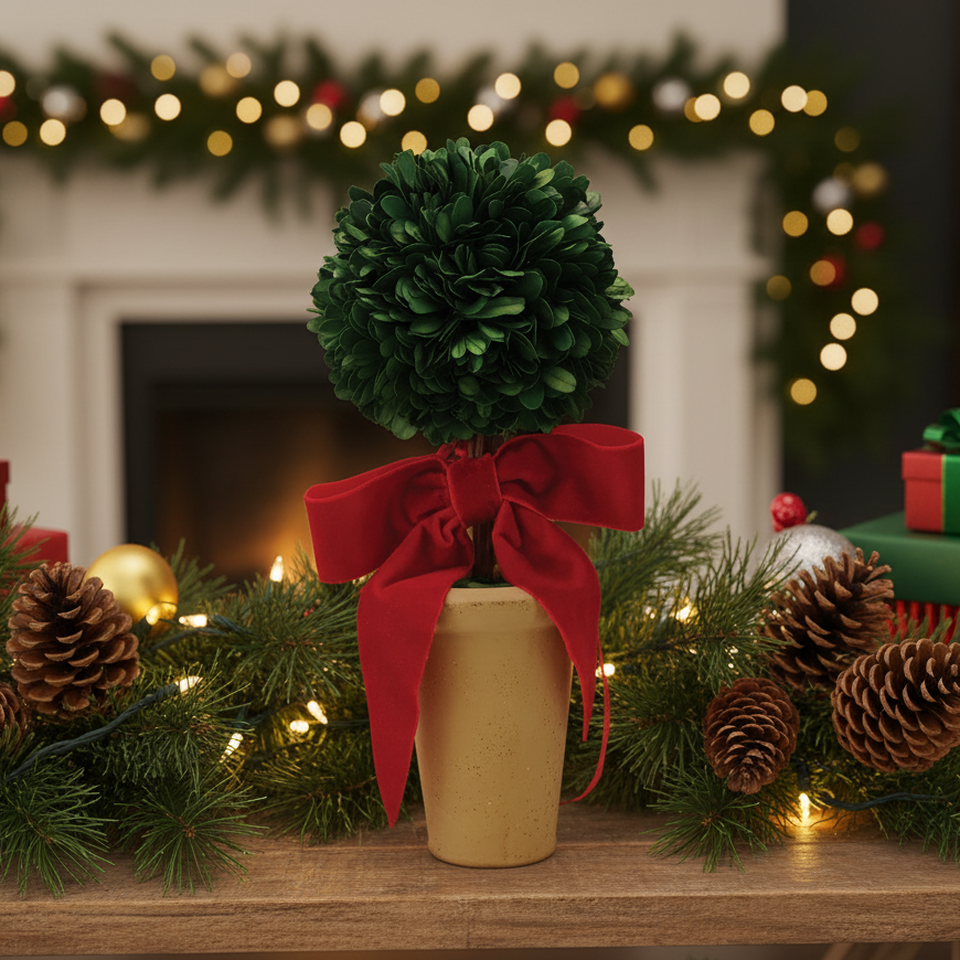 Dried Boxwood Tree with Red Bow in Terracotta Pot Branches Designs