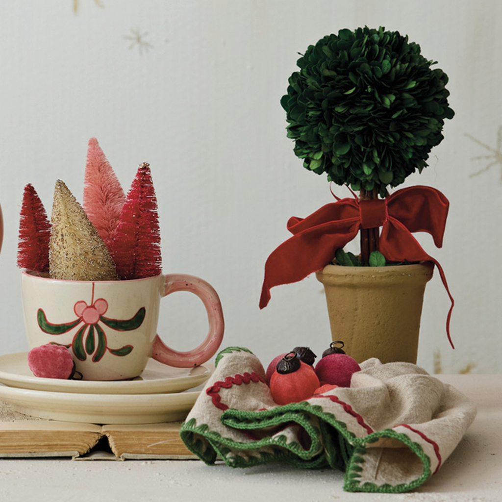 Dried Boxwood Tree with Red Bow in Terracotta Pot Branches Designs