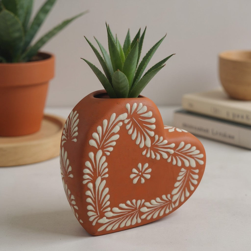Brown & White Talavera Heart Vase | Hand-Painted Pottery The Talavera Hub