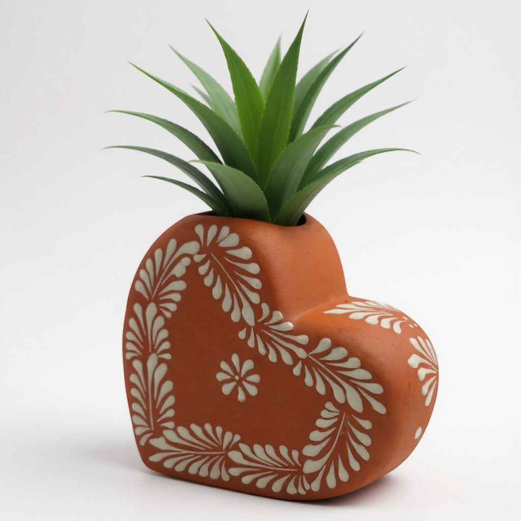 Brown & White Talavera Heart Vase | Hand-Painted Pottery The Talavera Hub