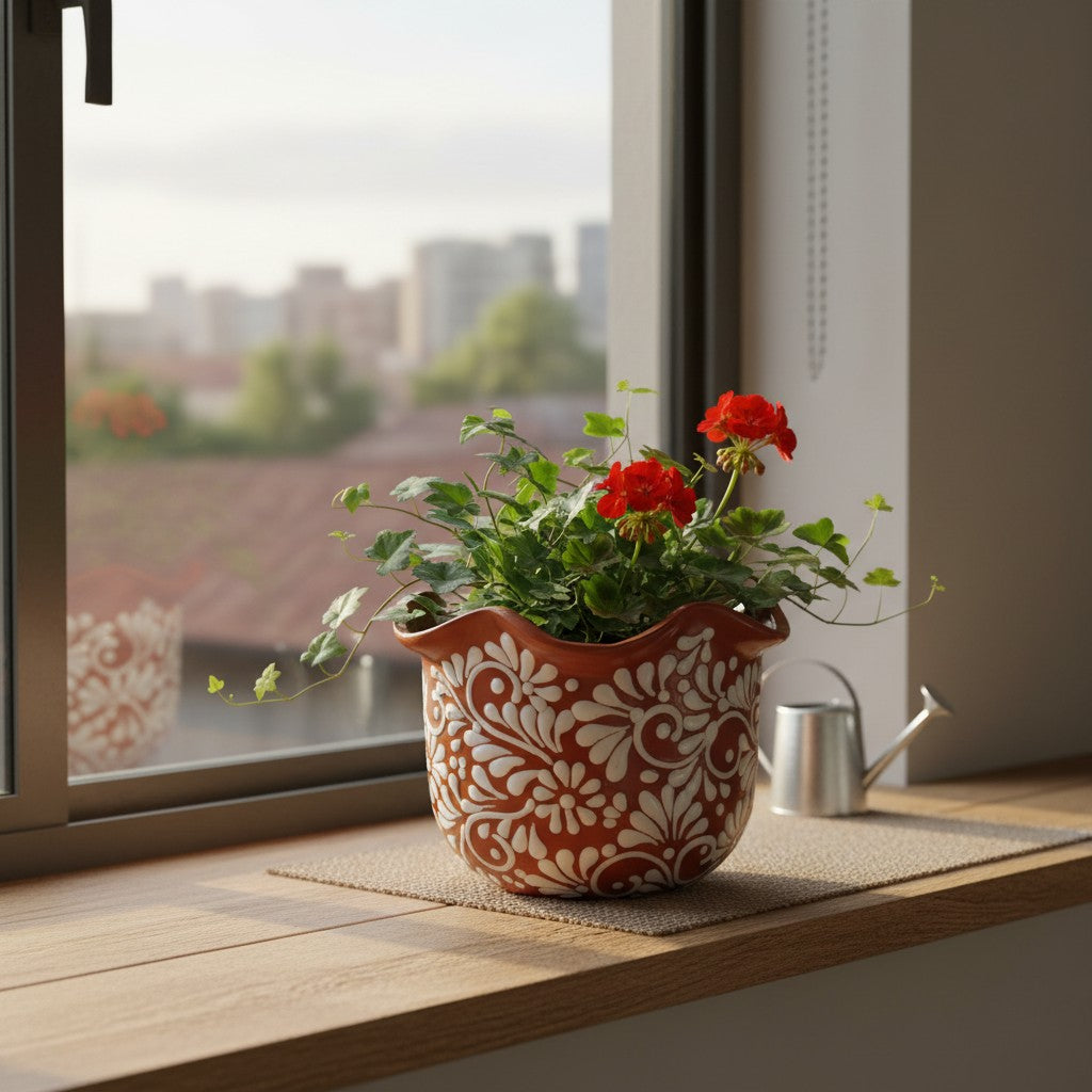 Brown & White Talavera Planter | Handcrafted Wavy Rim Pot The Talavera Hub