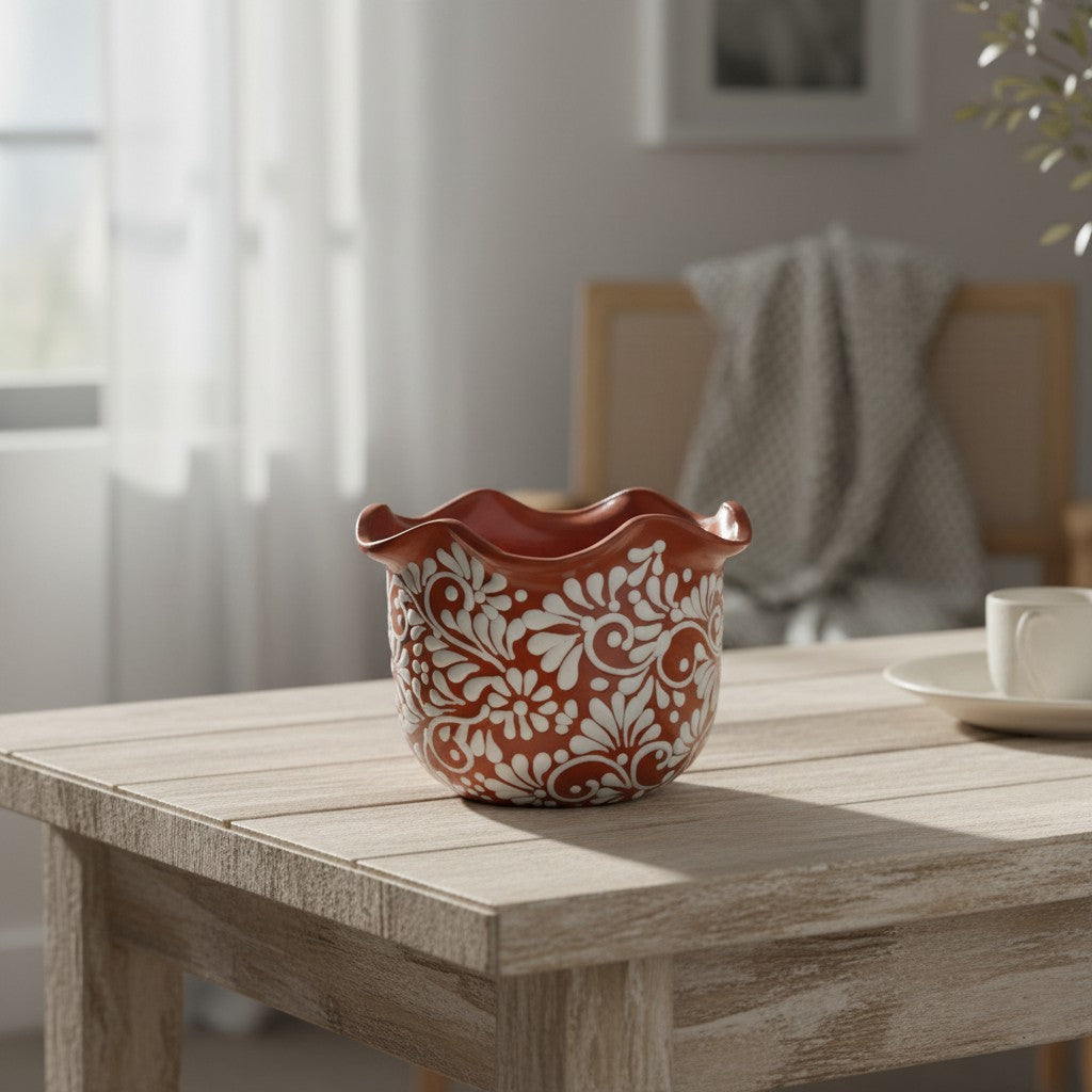 Brown & White Talavera Planter | Handcrafted Wavy Rim Pot The Talavera Hub