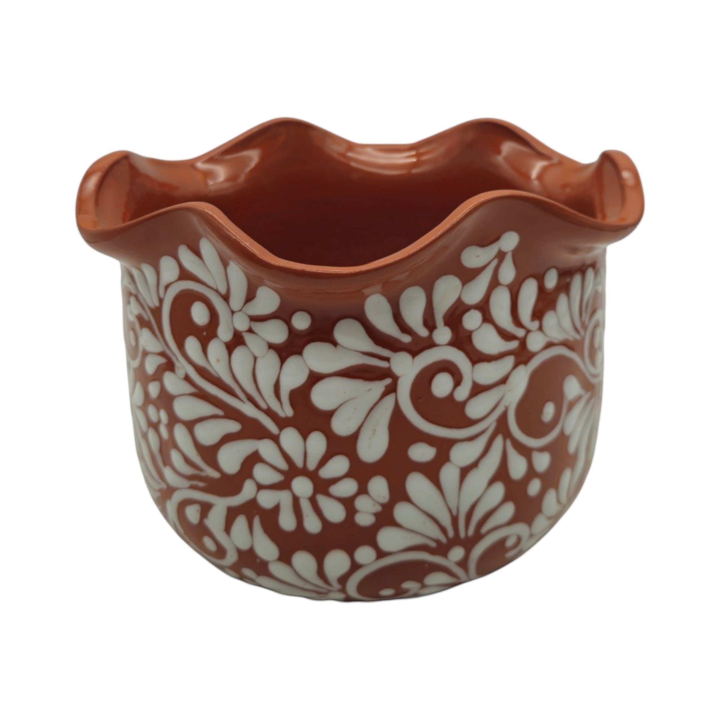 Brown & White Talavera Planter | Handcrafted Wavy Rim Pot The Talavera Hub