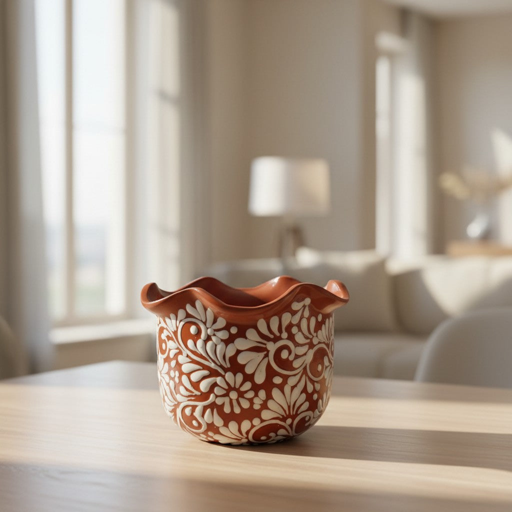 Brown & White Talavera Planter | Handcrafted Wavy Rim Pot The Talavera Hub