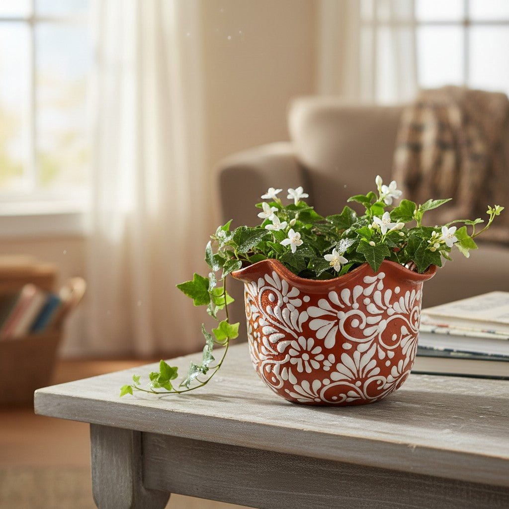 Brown & White Talavera Planter | Handcrafted Wavy Rim Pot The Talavera Hub