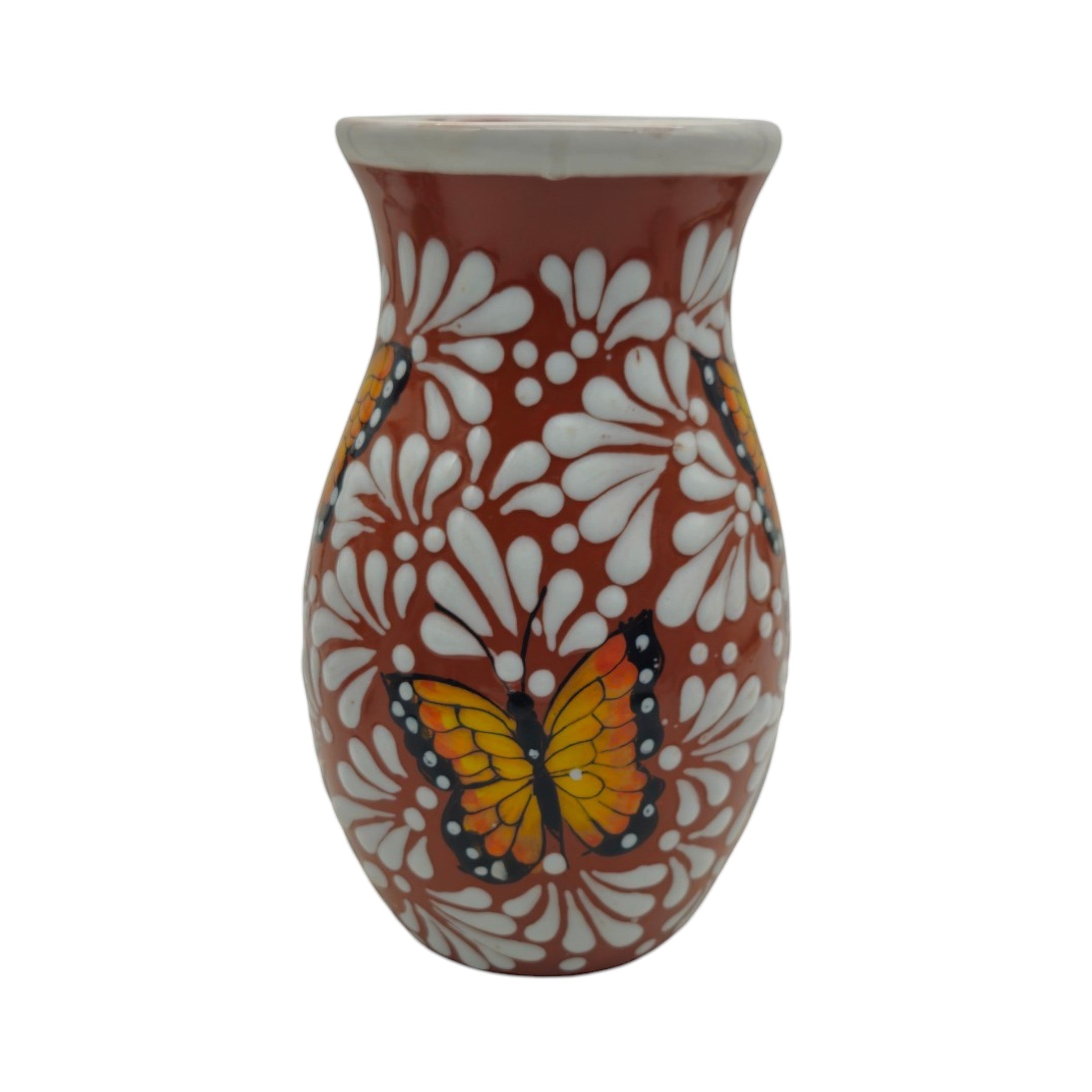 Brown & White Talavera Vase | Monarch Butterfly Relief Design The Talavera Hub