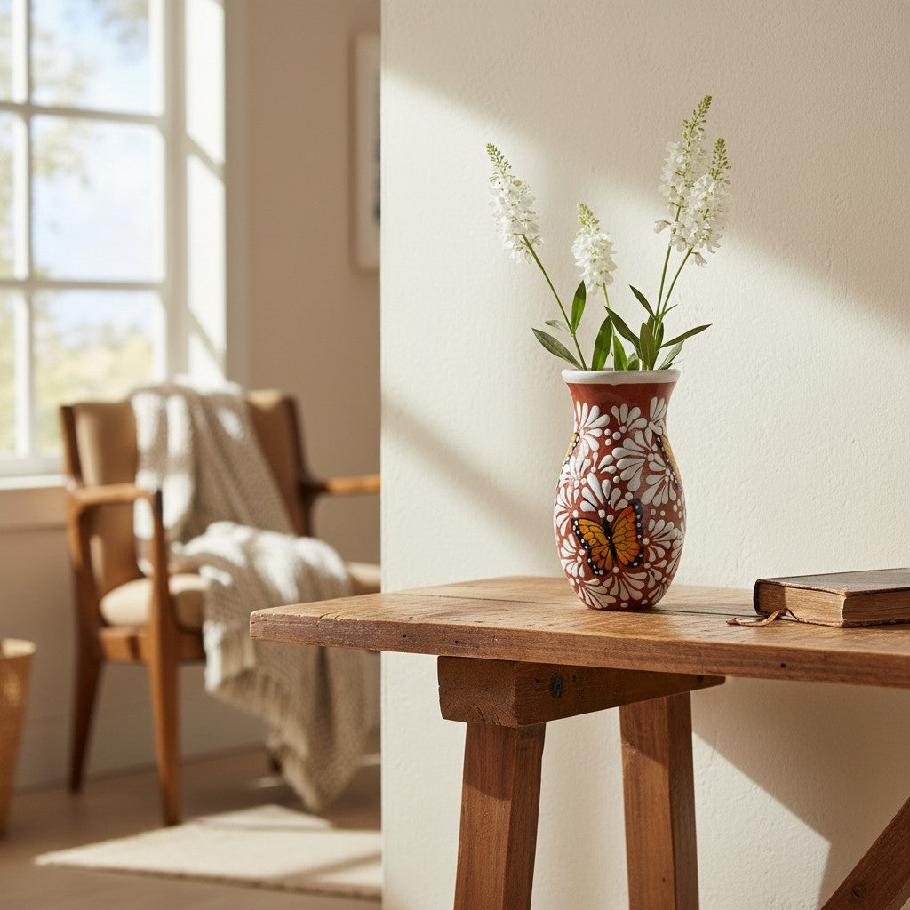 Brown & White Talavera Vase | Monarch Butterfly Relief Design The Talavera Hub