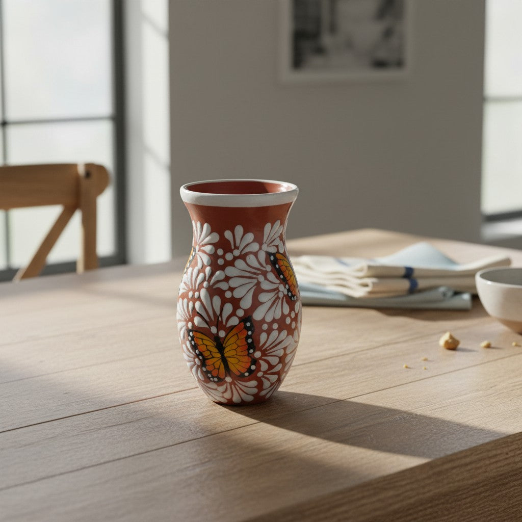 Brown & White Talavera Vase | Monarch Butterfly Relief Design The Talavera Hub