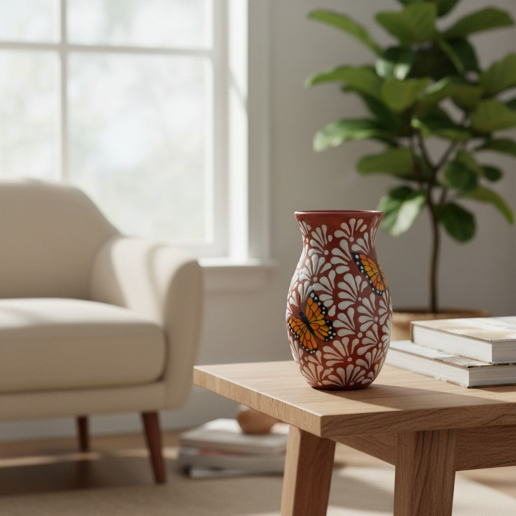 Brown & White Talavera Vase | Monarch Butterfly Relief Design The Talavera Hub