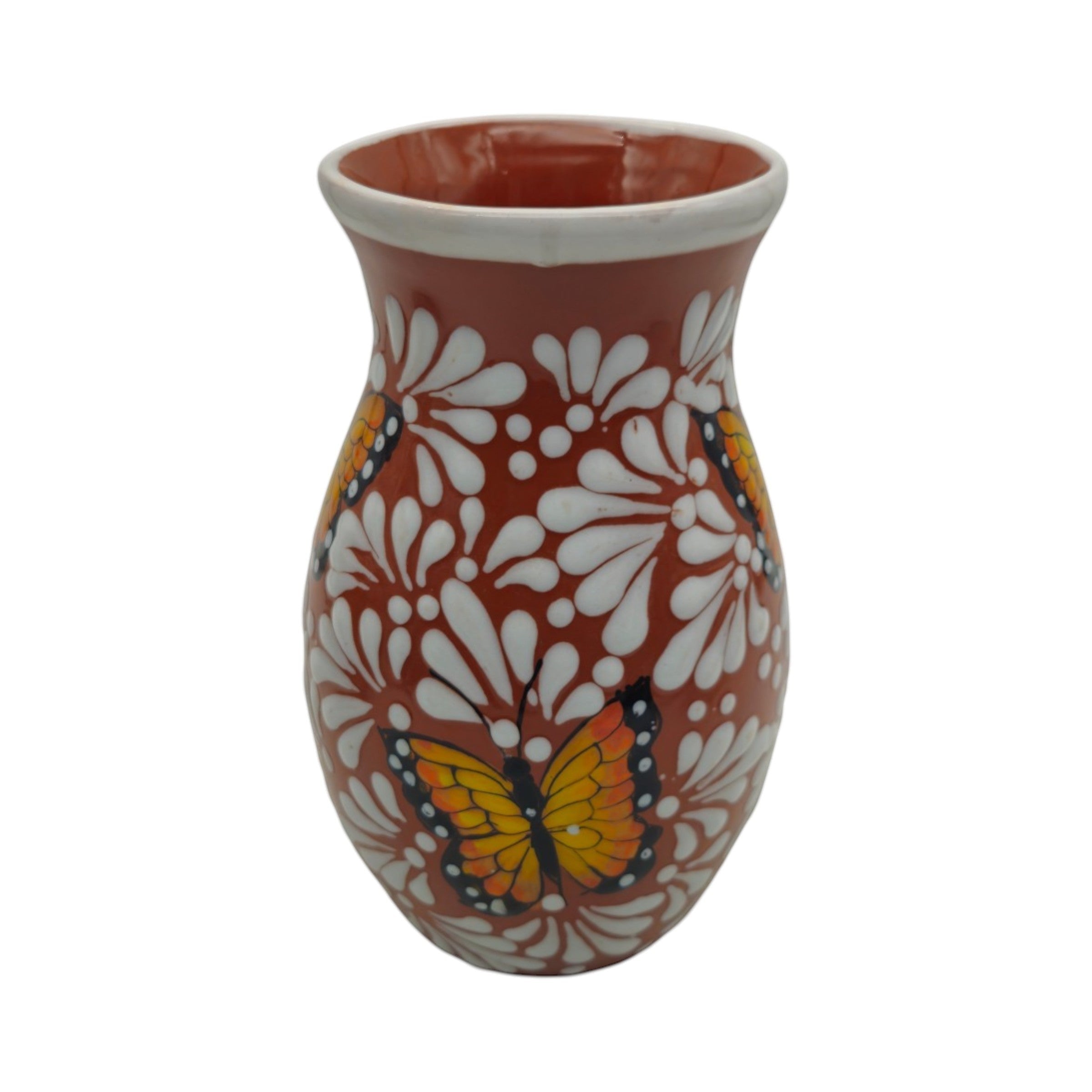 Brown & White Talavera Vase | Monarch Butterfly Relief Design The Talavera Hub