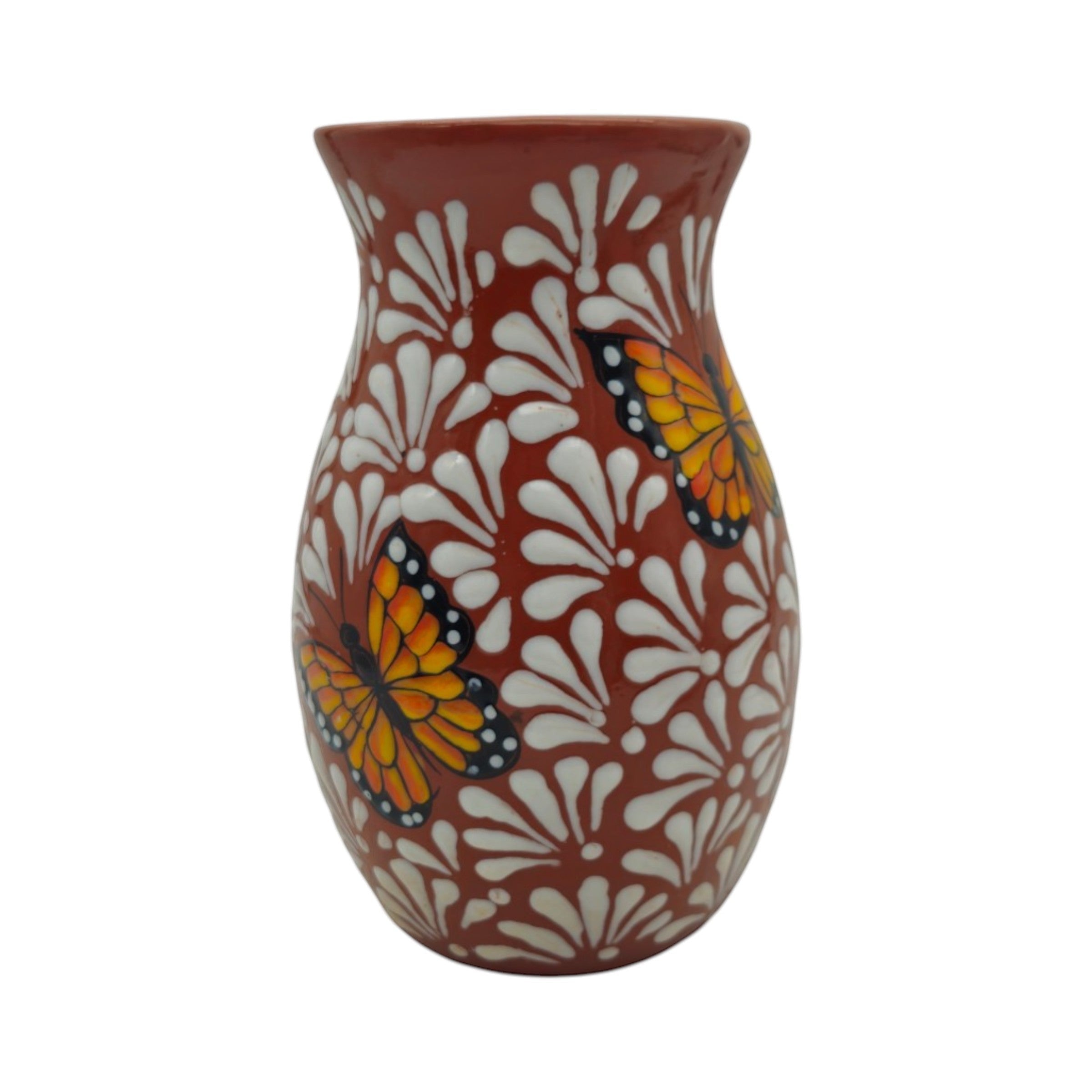 Brown & White Talavera Vase | Monarch Butterfly Relief Design The Talavera Hub