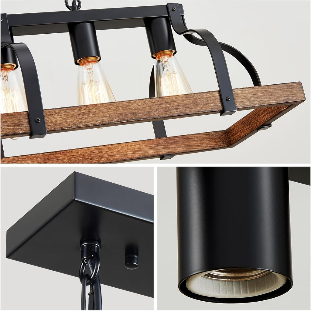 5-Light Metal Linear Chandelier Imitation Wood Grain Farmhouse Decor