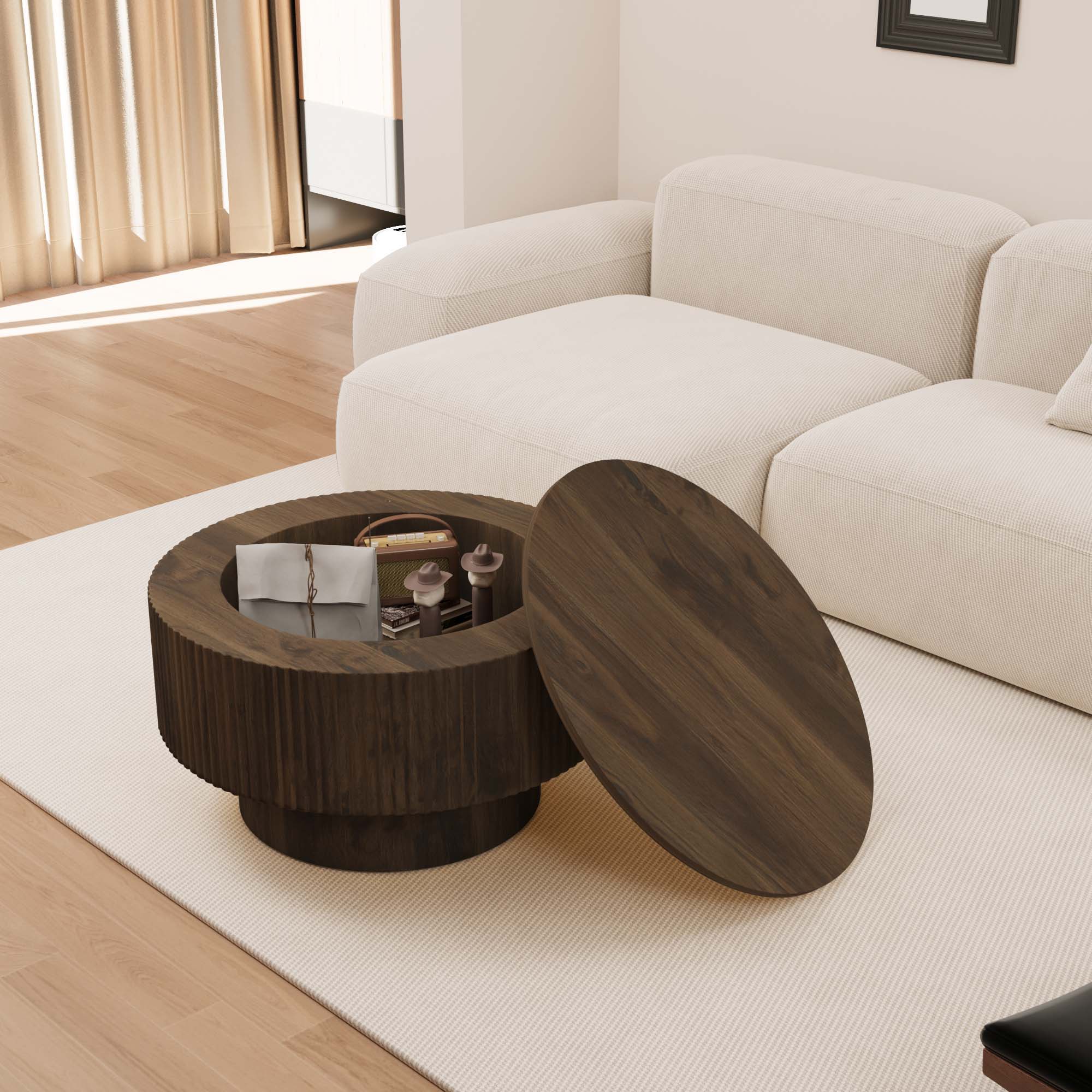 Modern Circular Coffee Table With Stripe Design And Storage Space Unique Piece Furniture