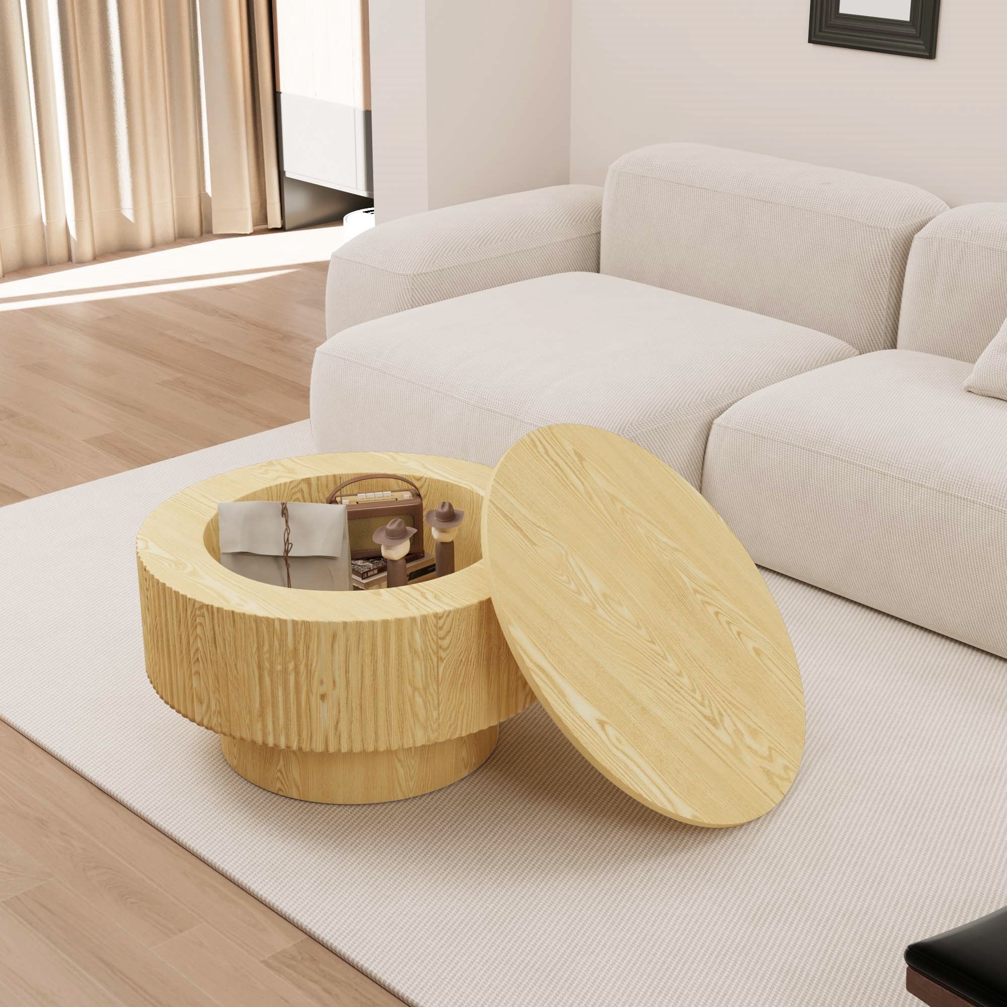 Modern Circular Coffee Table With Stripe Design And Storage Space Unique Piece Furniture