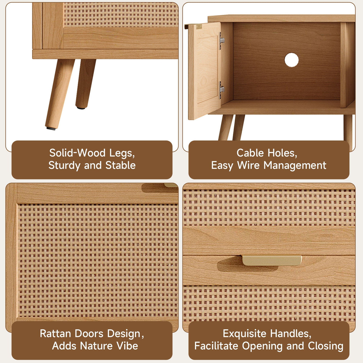 TV Stand With Storage & Cable Holes - Natural Wood Unique Piece Furniture