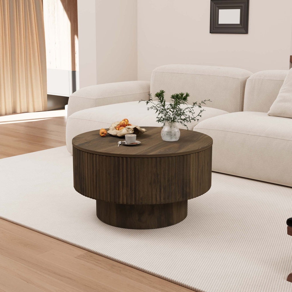 Modern Circular Coffee Table With Stripe Design And Storage Space Unique Piece Furniture