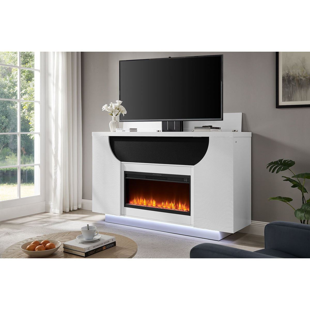 Aurora - Fireplace TV Lift With Adjustable Temperature And LED Colors - White Unique Piece Furniture
