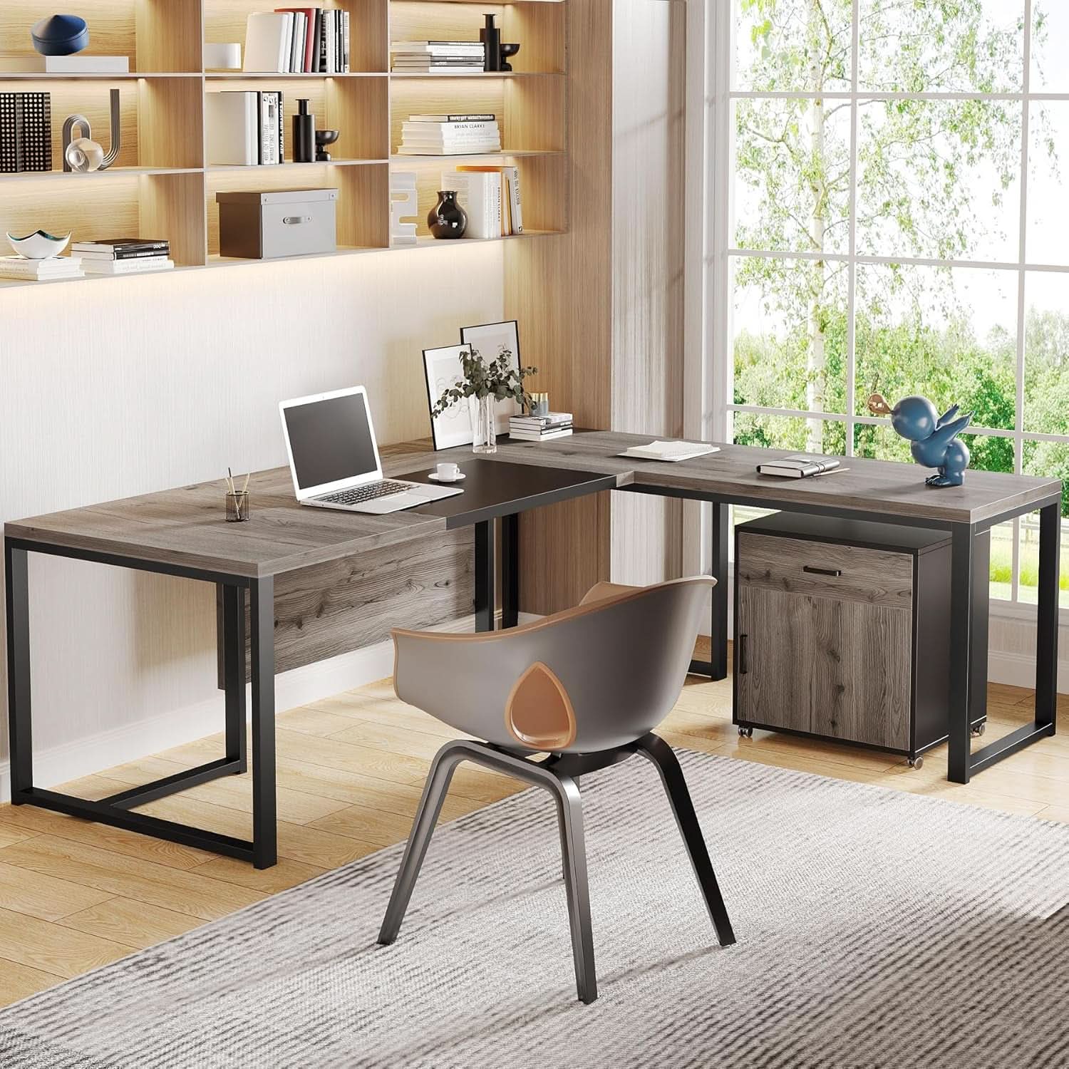 Extra Large L Shaped Executive Desk Retro Gray Drawer Cabinet ShipItFurniture