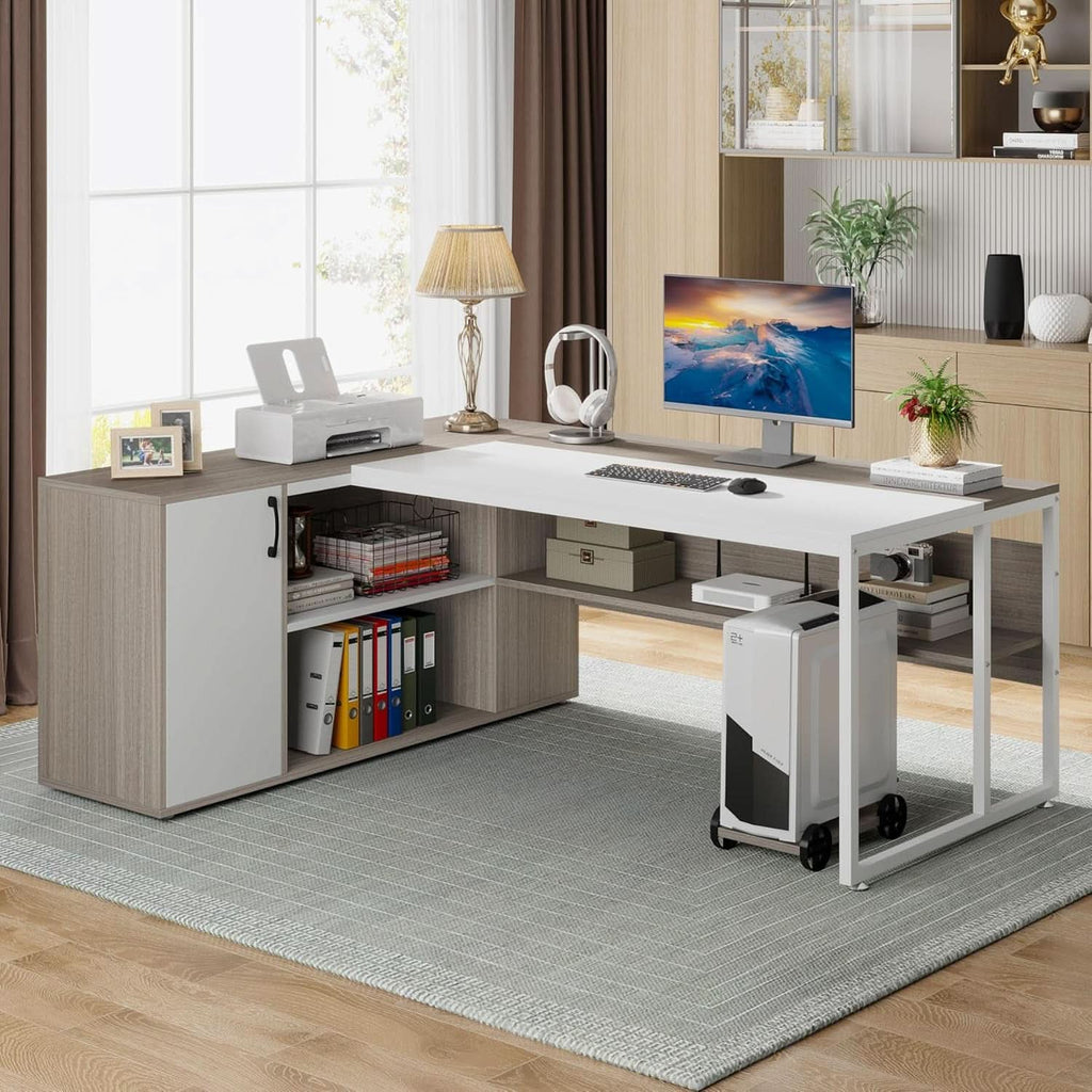 71 Inch Executive L Shaped Desk Cabinets Gray And White ShipItFurniture