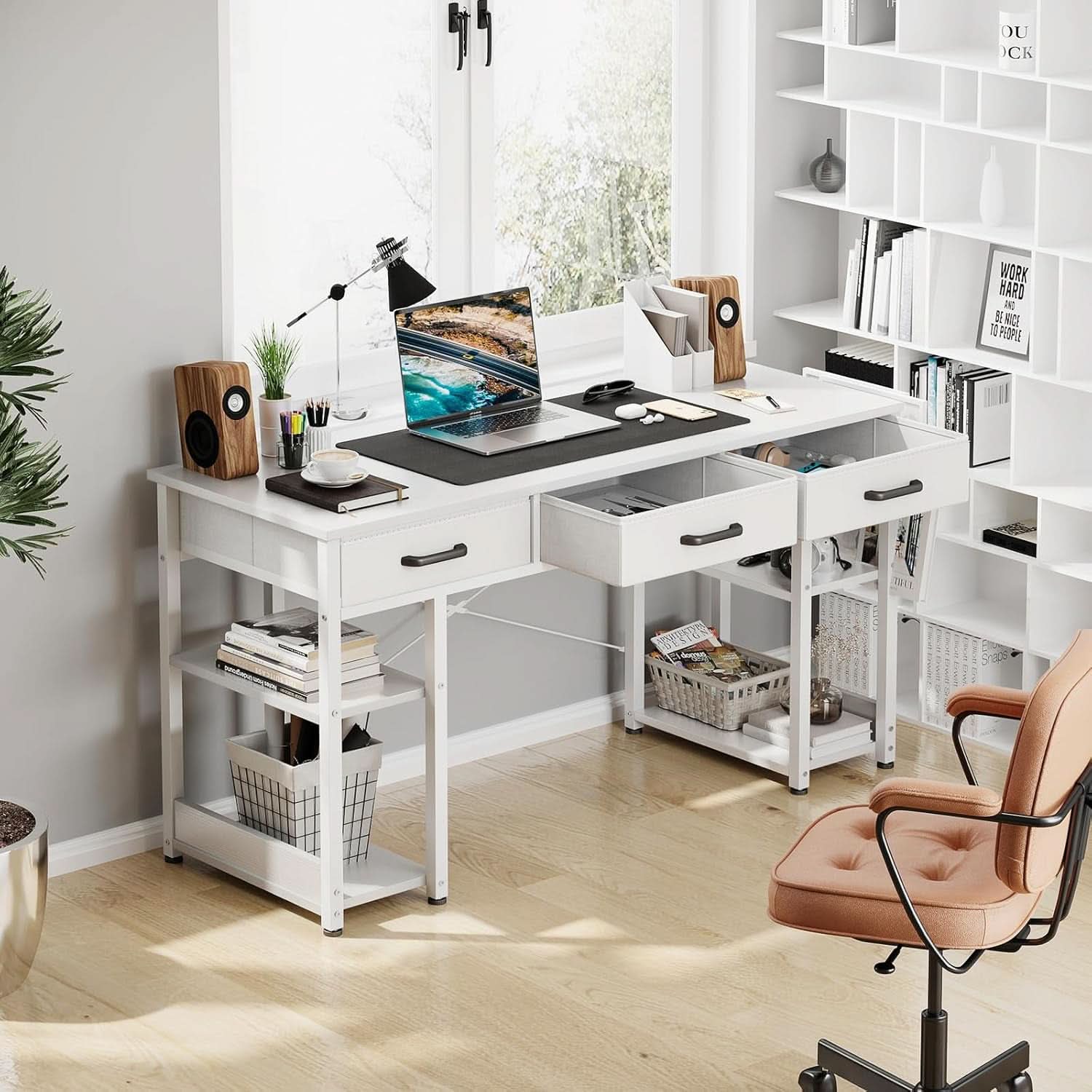 White 48 Inch Contemporary Premier Desk With Drawers ShipItFurniture