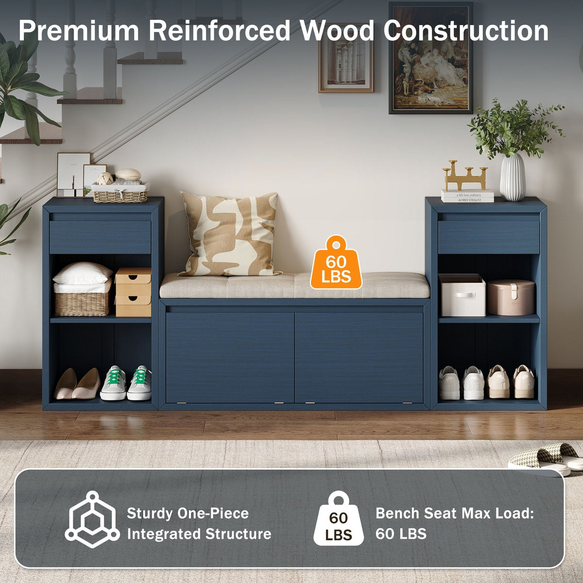 Entryway Storage Bench With Cushion, Drawers & Open Shelves Unique Piece Furniture