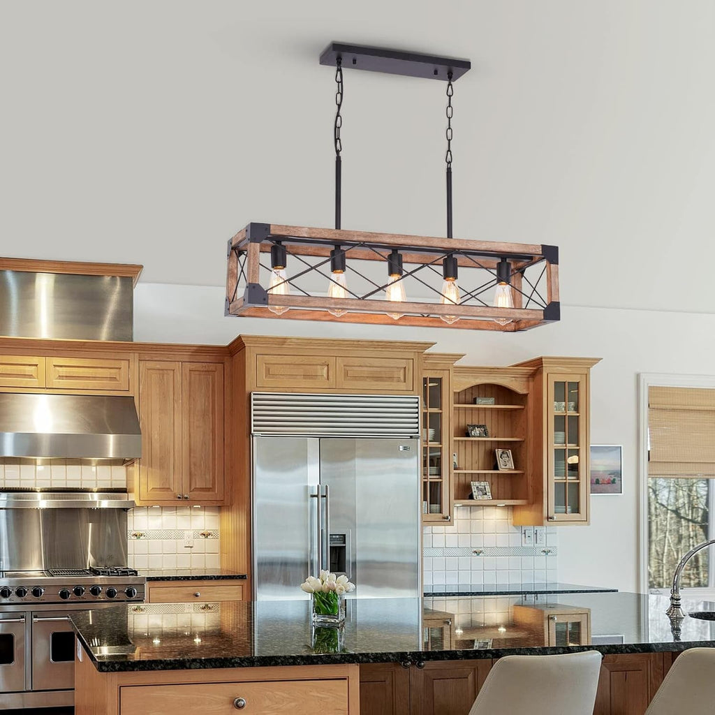 Farmhouse 5-Light Linear Chandelier with Solid Wood Farmhouse Decor