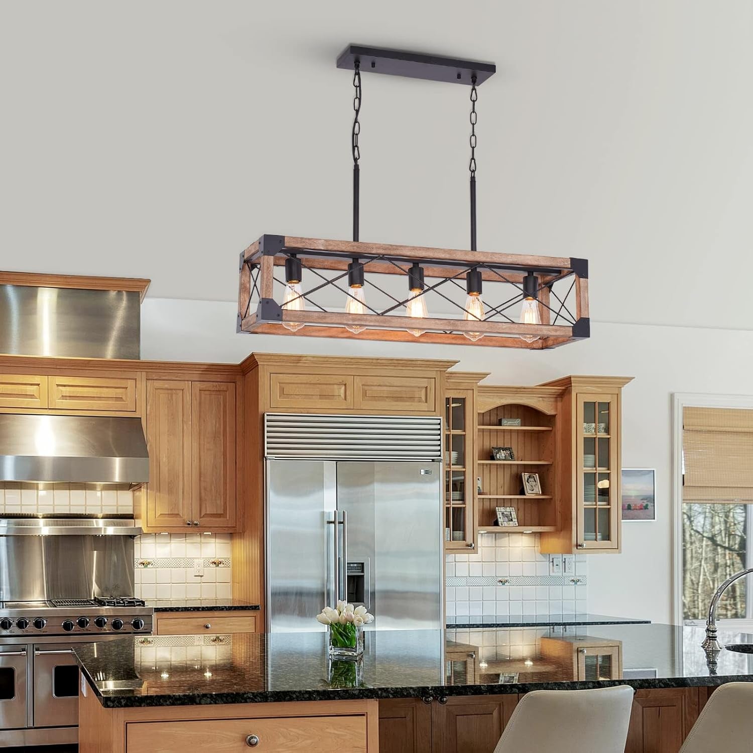 Farmhouse 5-Light Linear Chandelier with Solid Wood Farmhouse Decor